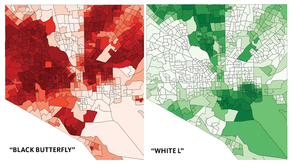 In this map the ‘White L’ and the ‘Black Butterfly’ compare the impact of climate change on non-white and white communities in Baltimore.